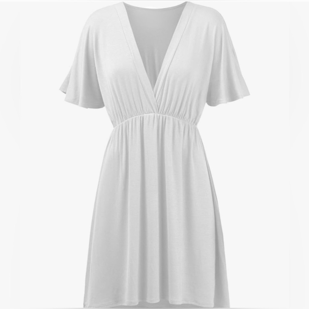 Amy's Closet White V-Neck Flutter Sleeve Midi Dress